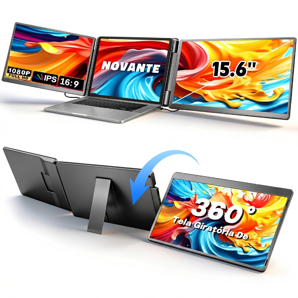 Monitor Portatil Gamer 15.6 Fhd 1080p Dual Screen Expansor Tela Tripla Monitor, Tela Esquerda Rotagao 360°, Preto