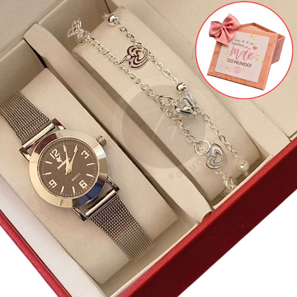 Relógio Feminino Analógico Pulso Fino elegante Minimalista Prata + Pulseira + Caixa Presente dia das mães, presente mãe