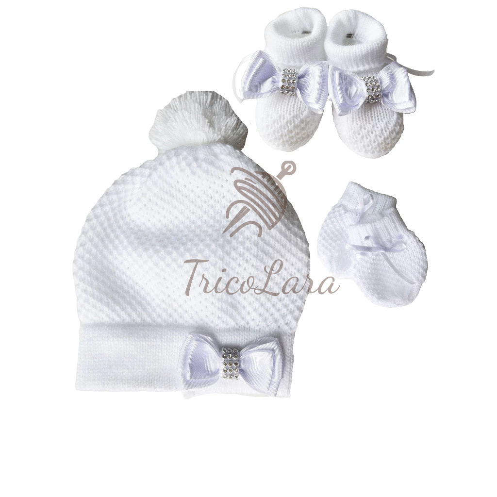 KIT Touca/Gorro luva e sapatinho para Bebê BRANCO recém nascido maternidade 0 a 3 meses em tricô