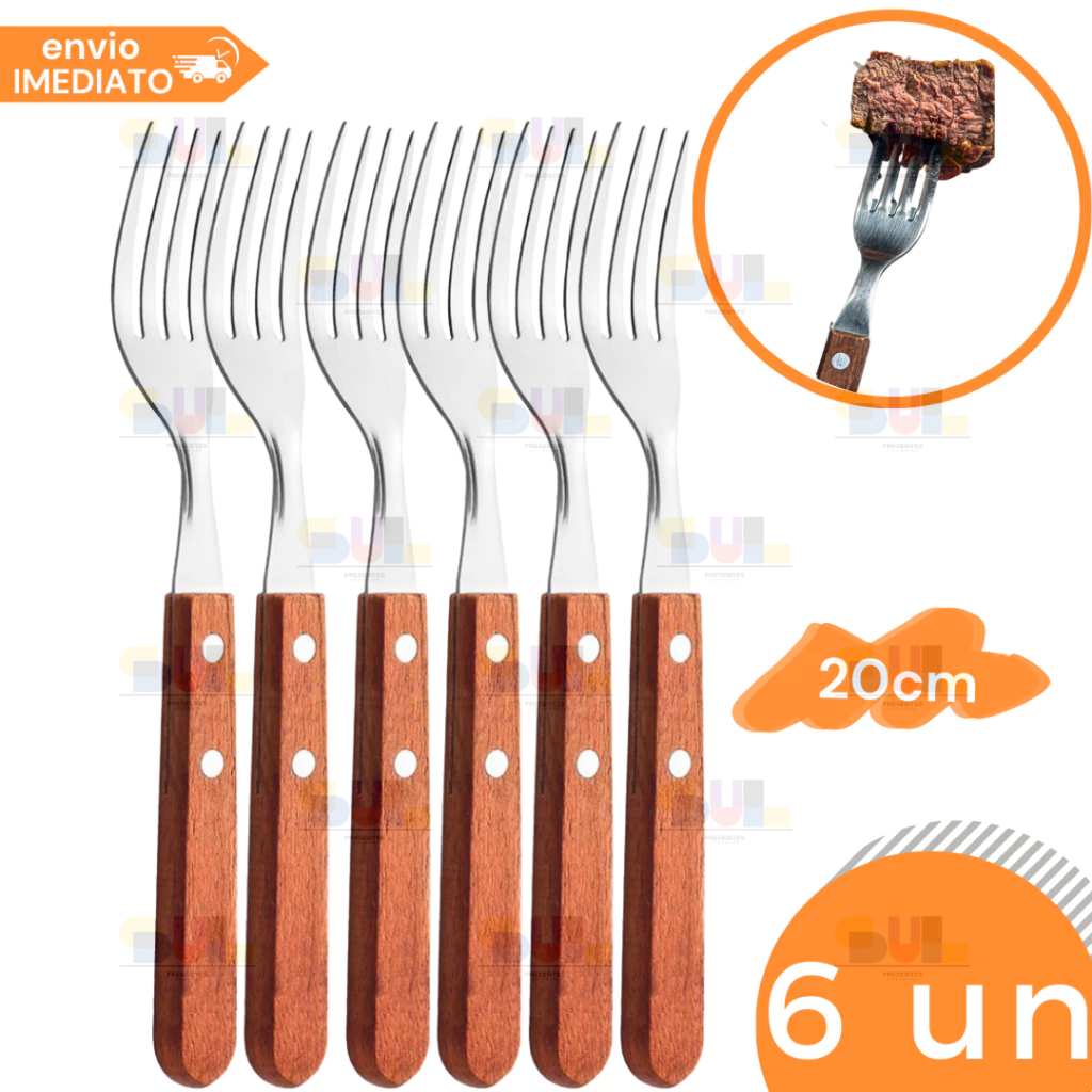 Kit 6 Garfo de Cozinha Aço Inox Cabo Madeira Serrilhada Cozinha Comida Talher