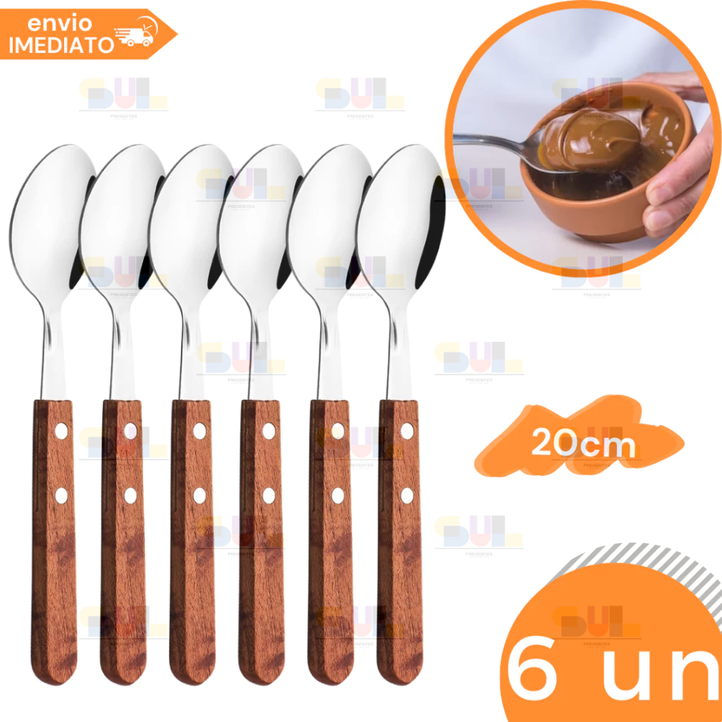 Kit 6 Colher de Cozinha Aço Inox Cabo Madeira Serrilhada Cozinha Comida Talher