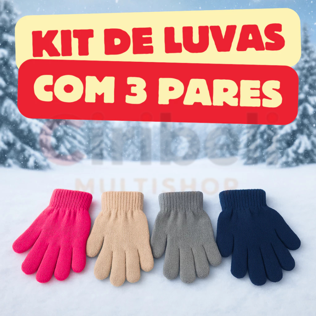 Luva Infantil Kit 3 Pares Moda Inverno Cores Lisa Sortidas Estilo Frio Premium