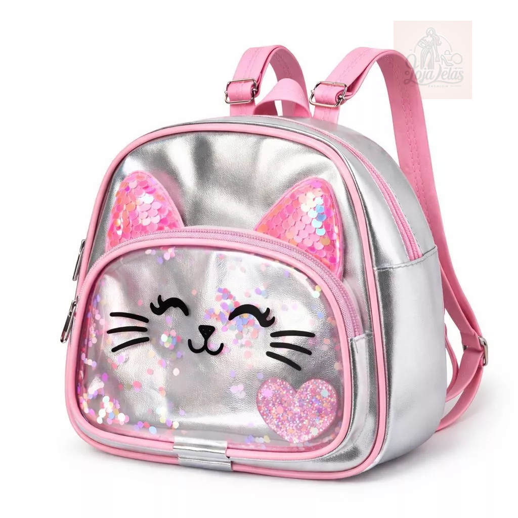 Mochila Infantil Menina Gatinha Original com Glitter Lantejoulas Creche Escolar Passeio Presente