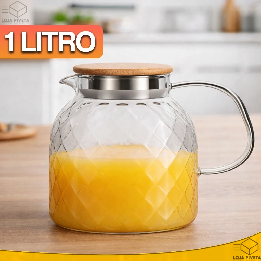 Jarra de Vidro Borossilicato 1L Com Tampa de Bambu Vedação Inox Garrafa Água Suco Luxo