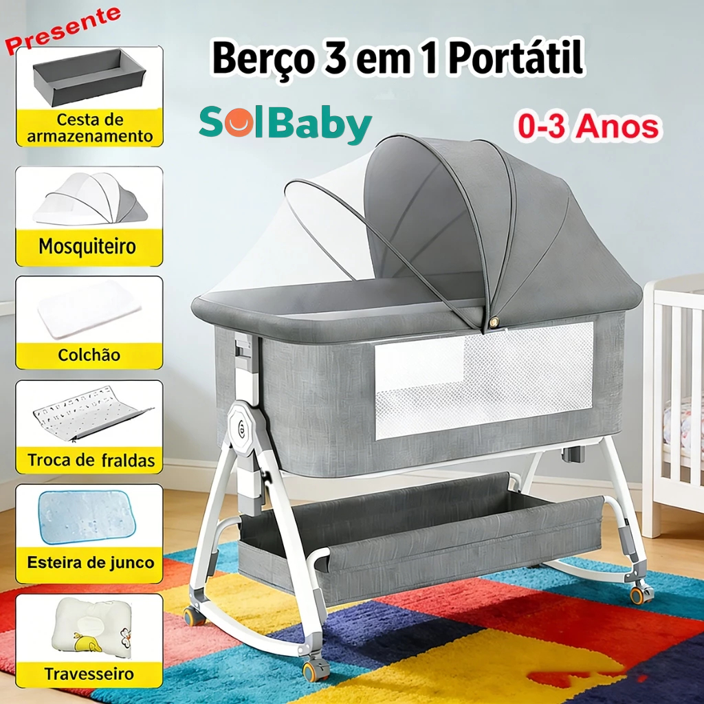 Berço Moises 3 em 1 Portátil 0 a 3 Anos com Balanço, Mesa de Fraldas, Mosquiteiro e Altura Ajustável