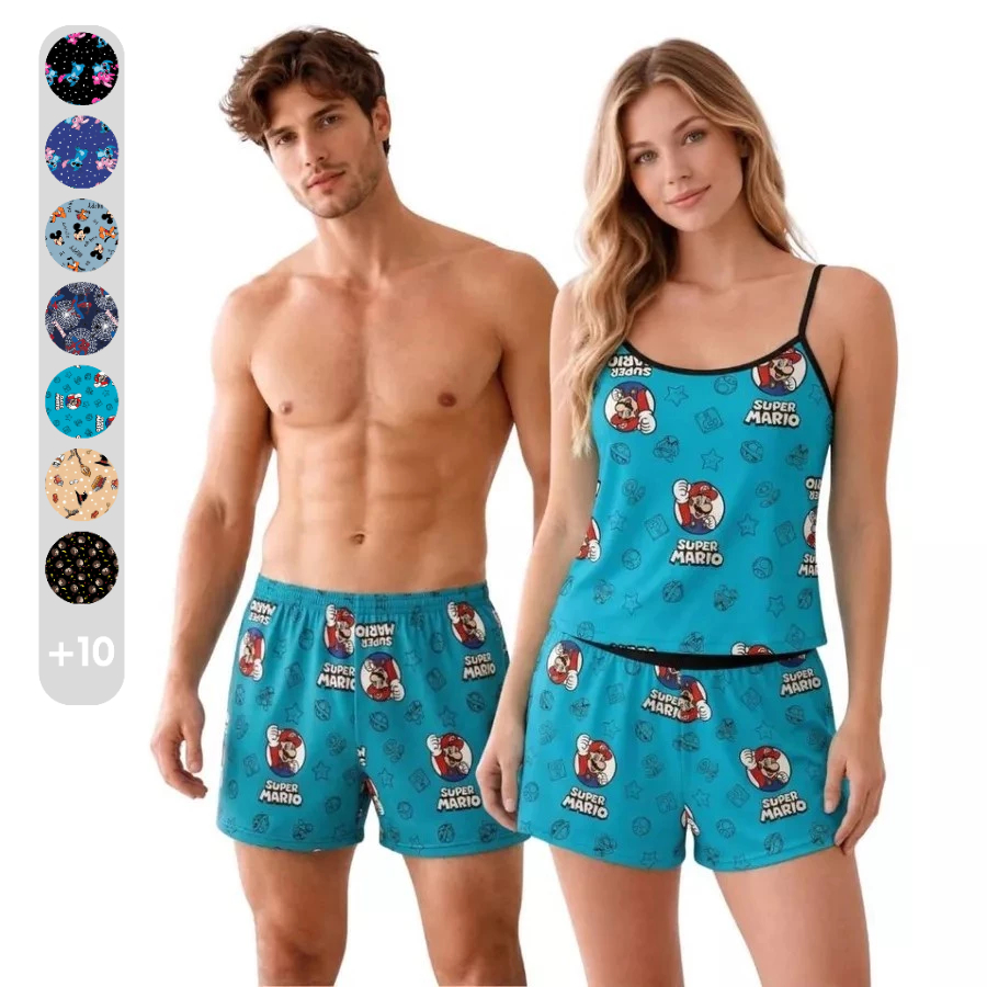 Kit Pijama Casal Feminino Samba Canção Namorados Personagens