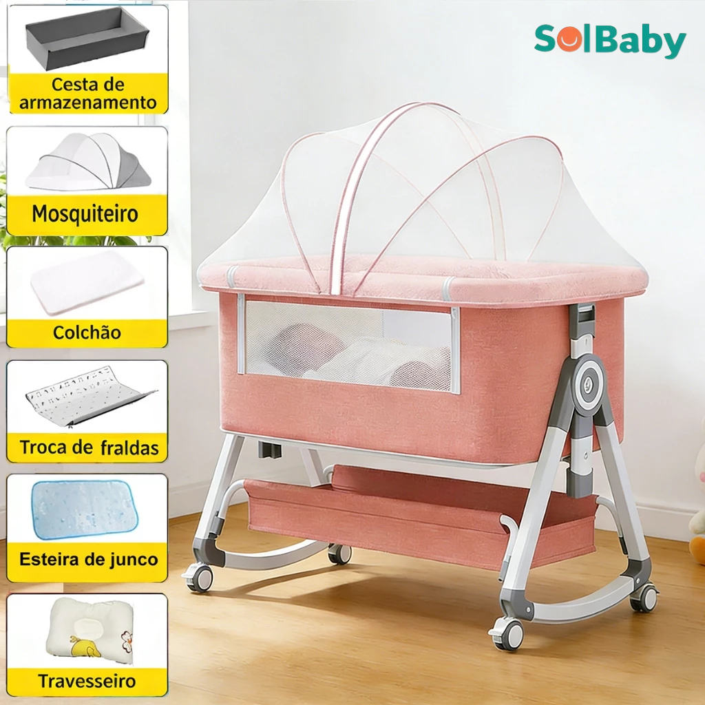 Berço Moises Portátil 3 em 1, Co-sleeping, Balanço, Mosquiteiro, Altura Ajustável, 6 Acessórios