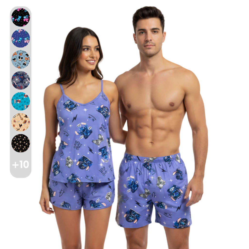 Kit Casal Pijama Feminino Samba Canção Namorados Casados Marido e Mulher Diversas Estampas