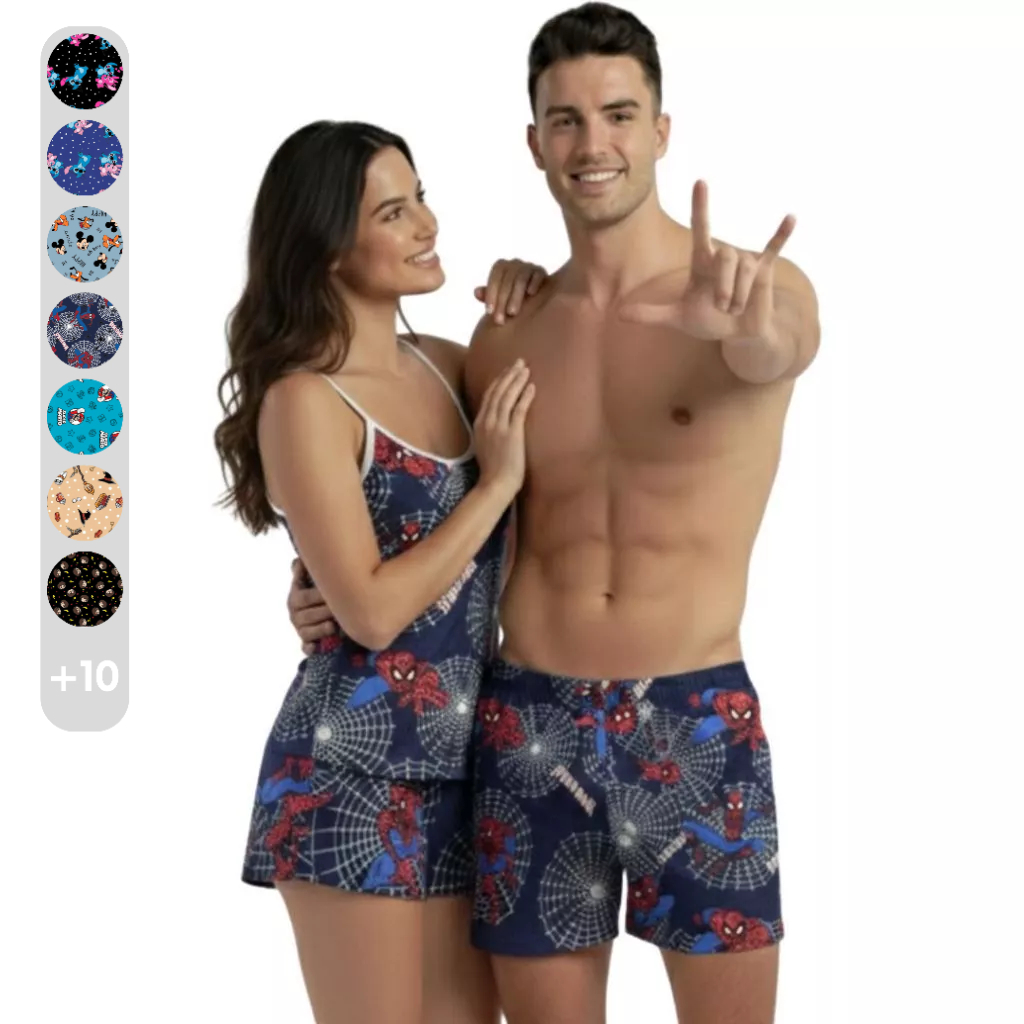 Kit Pijama Casal Feminino Samba Canção Namorados Estampa Mario