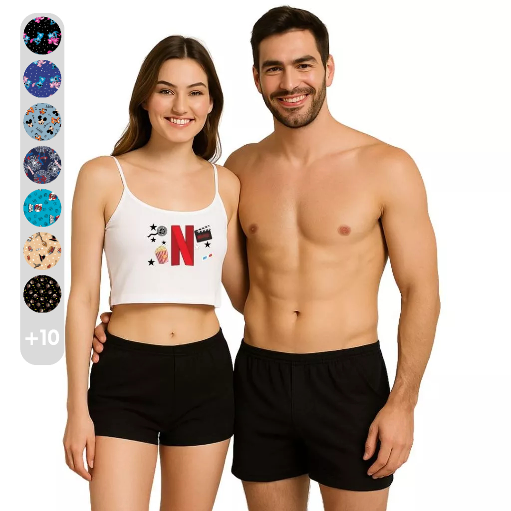 Kit Pijama Casal Feminino Samba Canção Namorados Netflix