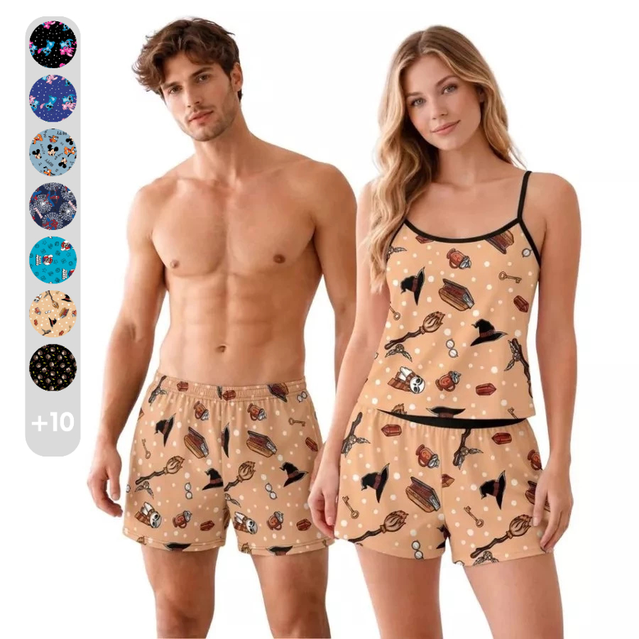 Kit Pijama Casal Feminino Samba Canção Namorados Estampa