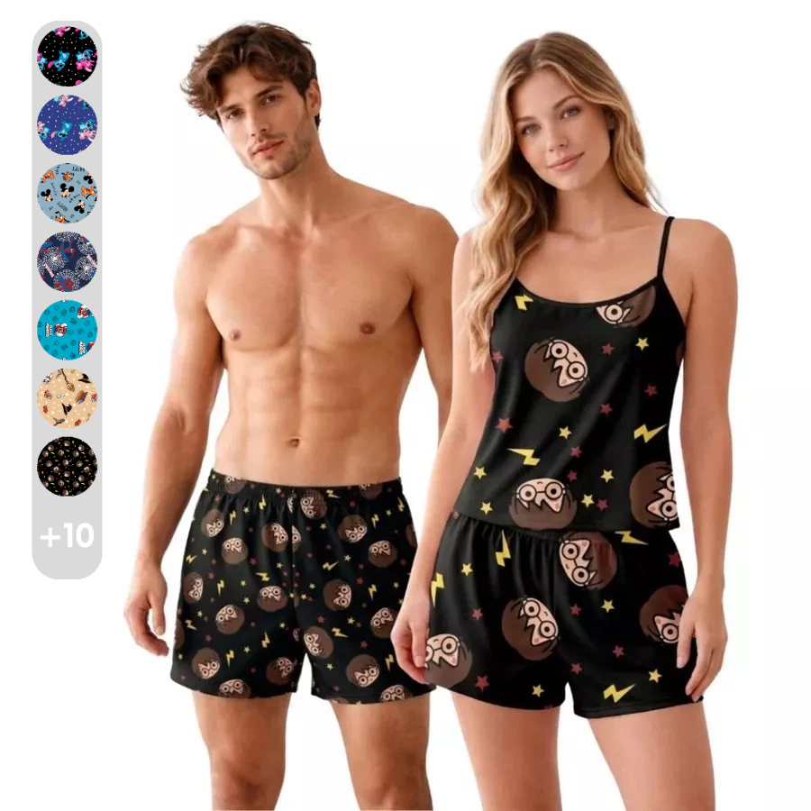 Kit Casal Pijama Feminino Cueca Samba Canção Kit Namorados Marido e Mulher AF