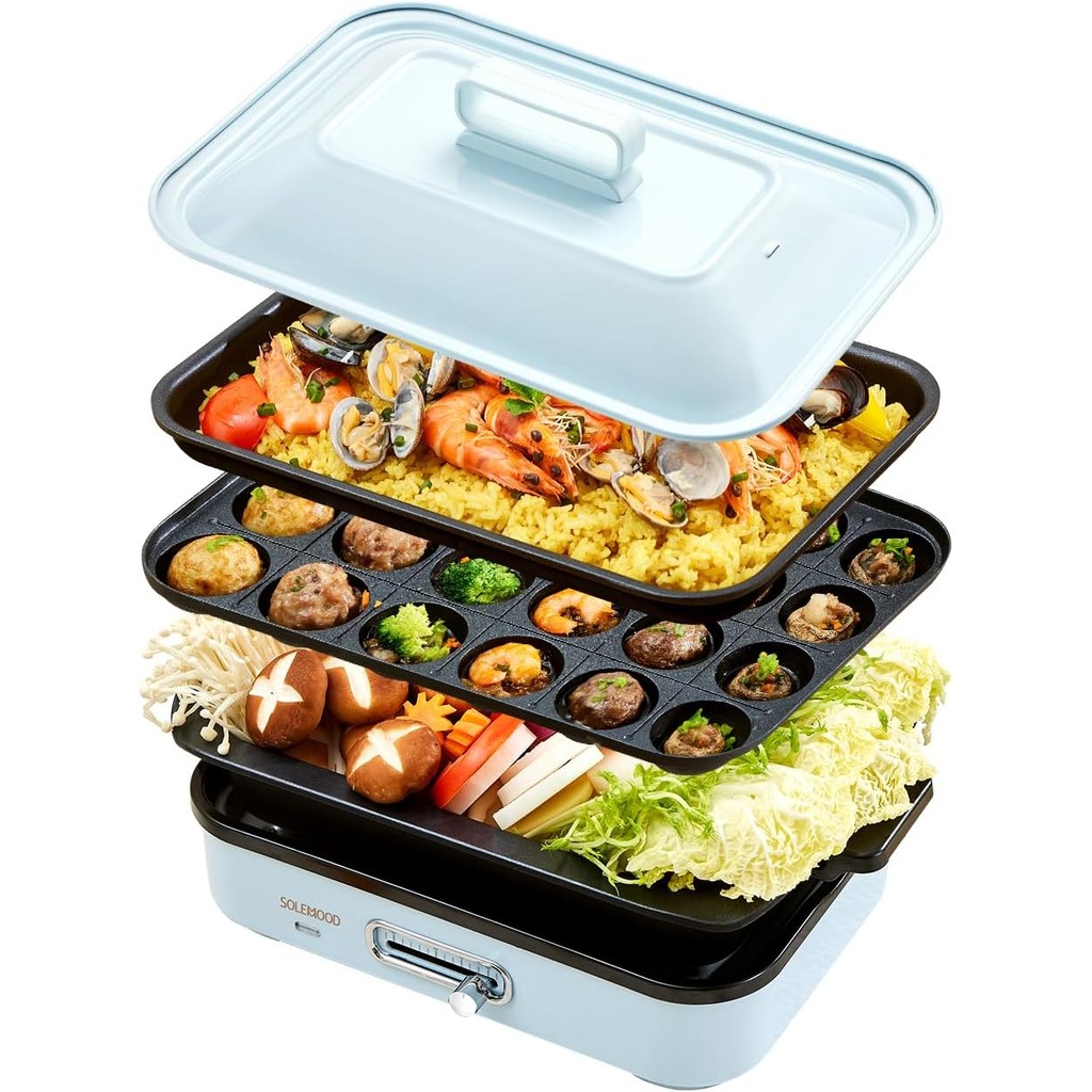 Chapa Elétrica SOLEMOOD 3 em 1 Takoyaki Grelha Panela 1000W Japão Original 