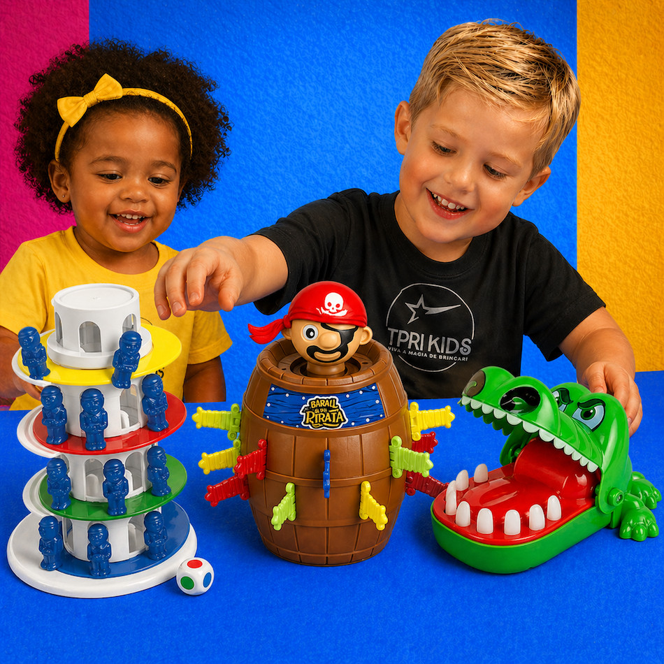 Kit 3 Jogos Brinquedo Infantil Educativo Torre Maluca + Crocodilo Morde Dedo + Pula Pirata Didático