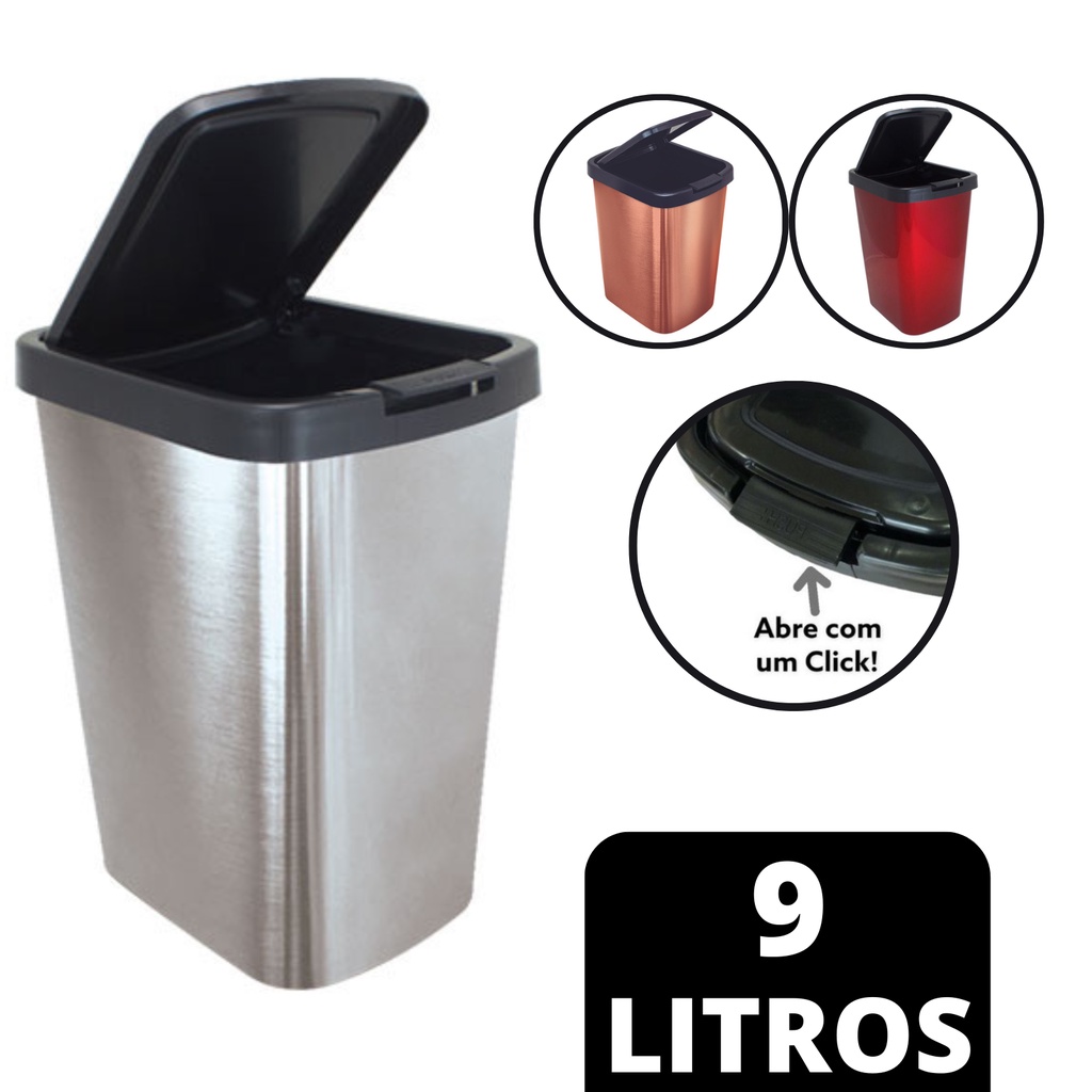 Lixeira Cesto Metalizado 09 Litros Com Tampa Click Label Vermelho Rose Gold Banheiro Cozinha