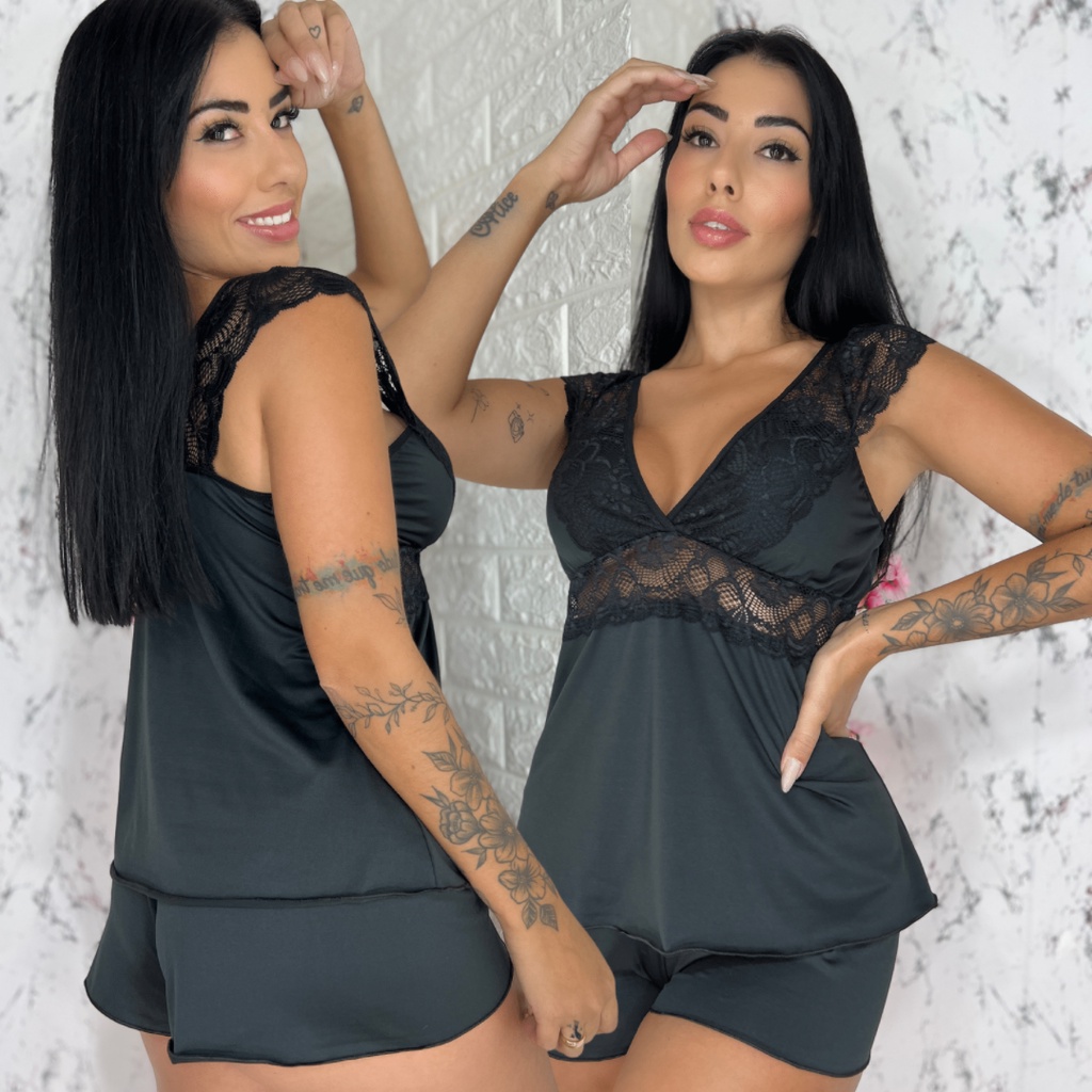 Short Doll Confortável com Renda Sensual Sexy Linha Noite Roupa de Dormir Pijama Sandra  - LIT Modas 1809