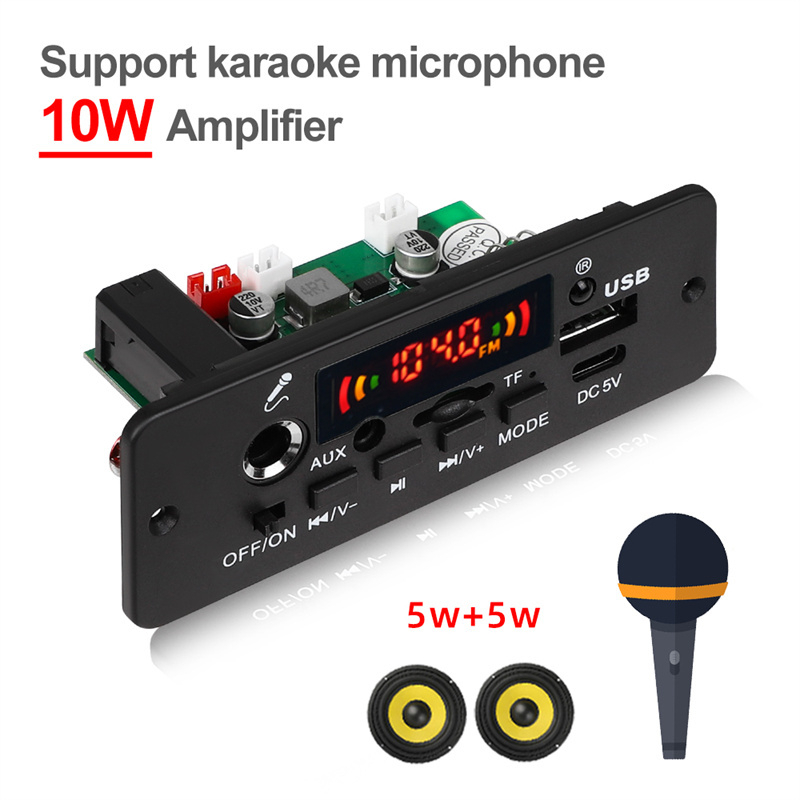 Amplificador De 10W Placa Decodificadora MP3 Bluetooth DIY 5W DC 5V Reprodutor De Música Carro FM Módulo De Rádio TF USB Gravação Mãos-Livres Microfone De Chamada
