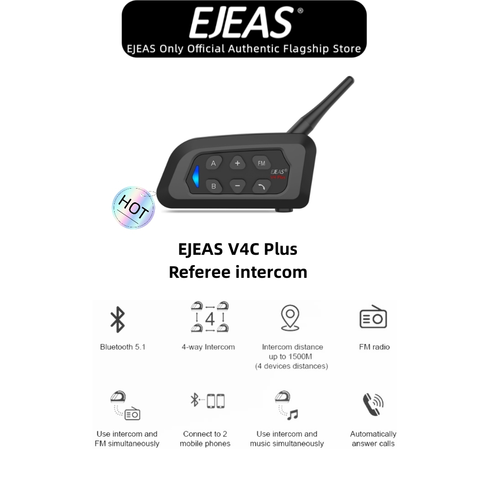 EJEAS V4C PLUS Referee Bluetooth Intercom Headset, Bluetooth 5.1, 4 people talk in real time Waterproof 1 Pack