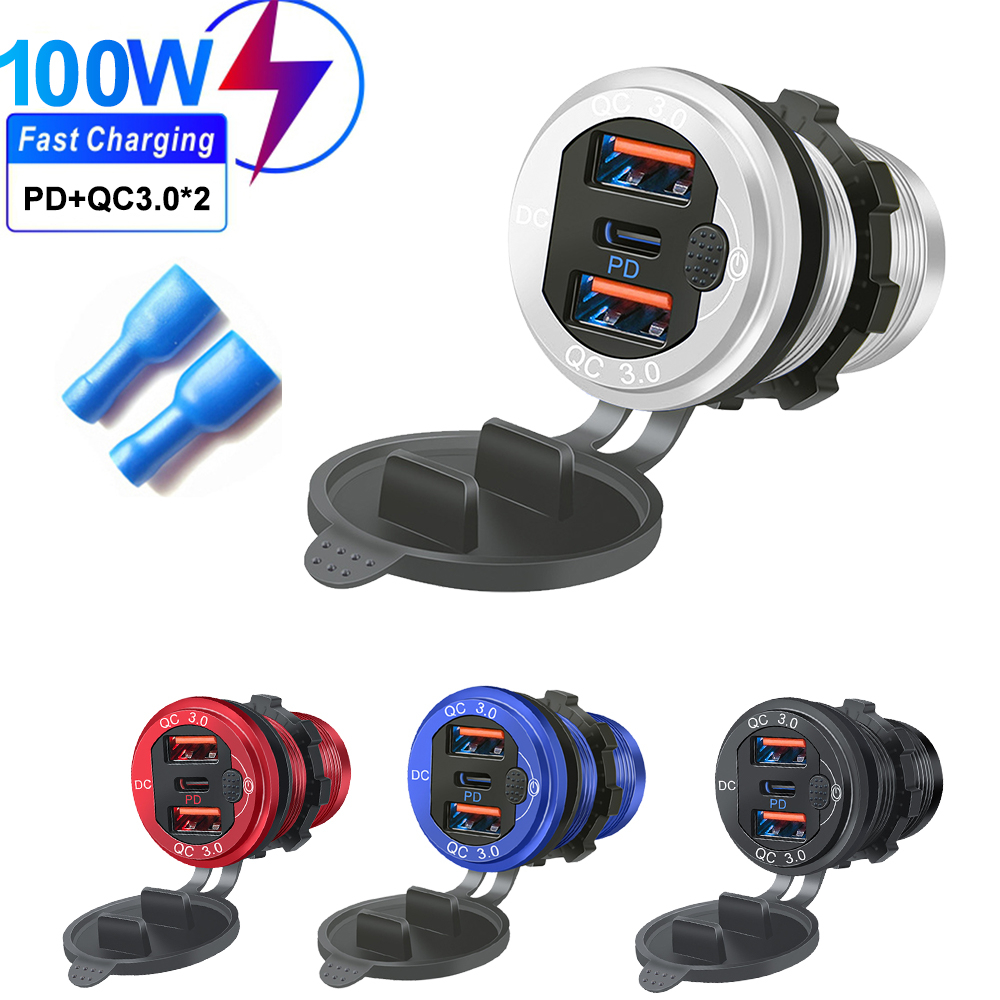 Carga Rápida De 100W 3.0 Carregador Duplo USB PD Para Carro Tomada De Com Botão De Interruptor Caminhão De 12V 24V Marine
