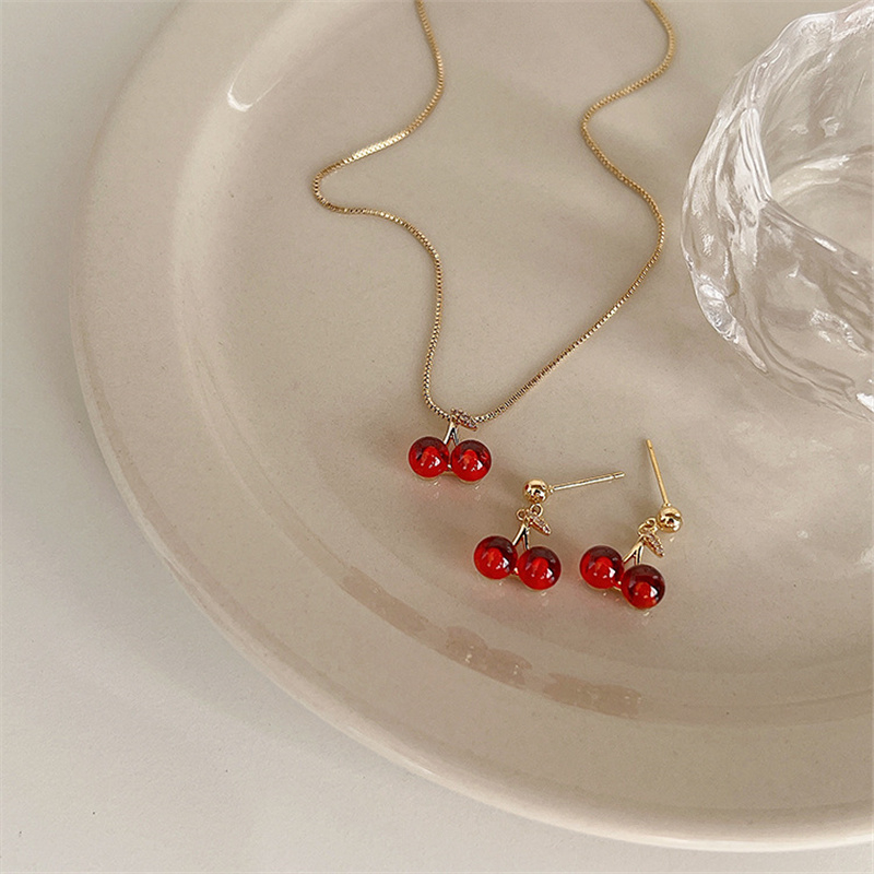 Conjunto De Colar E Brincos Com Pingente De Ouro Cereja Tinto Vinho Para Mulheres