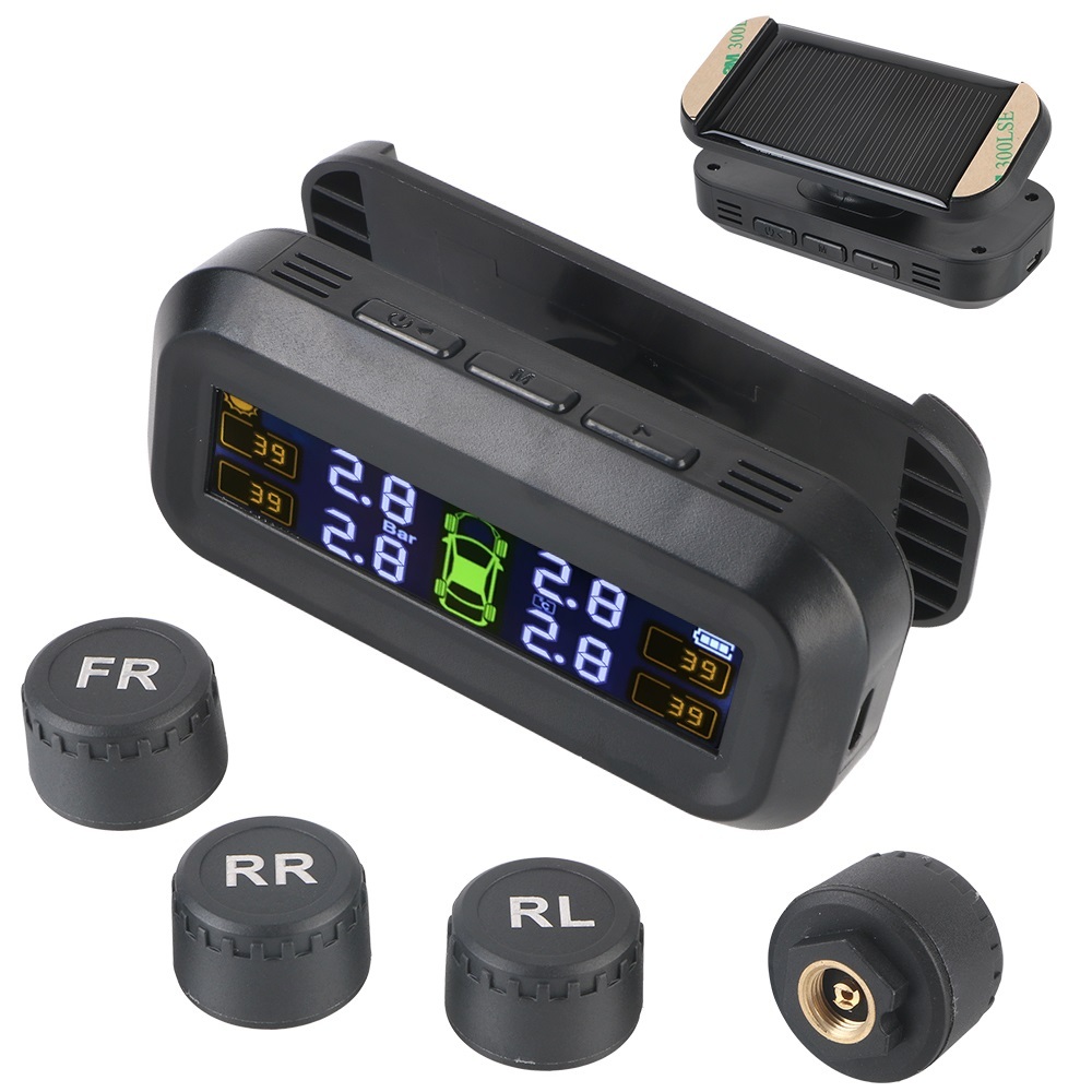 Sistema De Monitoramento De Pressão De Pneus TPMS Solar Com 4 Sensores Externos Monitor Para Carros Aviso De Temperatura