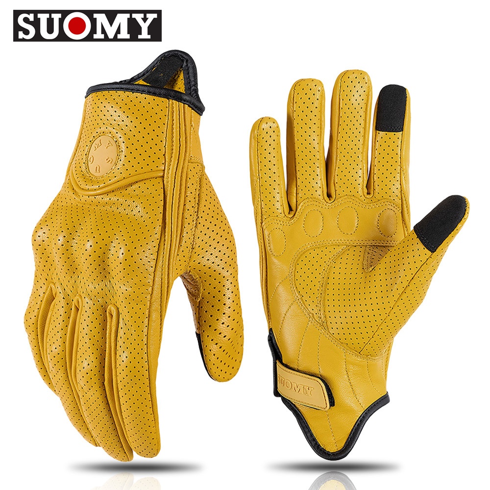 SUOMY Retro Luvas De Couro De Motocicleta Quatro Estações À Prova De Vento Vintage Masculino Feminino Com Tela Táctil Dedo Inteiras Yellow Pink XS-XXL