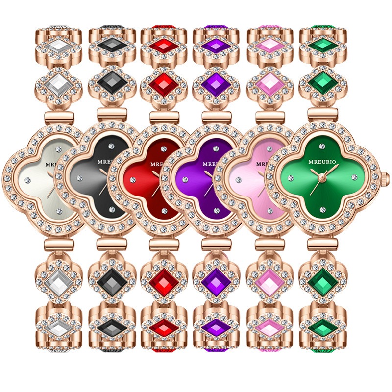 Relógio de Quartzo Liga Quatro Folhas de Quatro Folhas de Quartzo Pulseira de Moda Decoração Pulseira Esmeralda Senhoras Relógio de Mulher