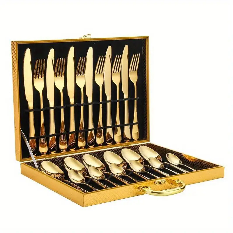 Jogo Talheres 24 Peças Faqueiro Dourado Aço Inox Premium Luxo cozinha Com Maleta