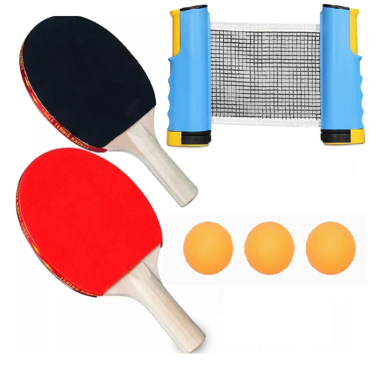 Kit Completo de Tênis de Mesa - 2 Raquetes + 3 Bolas + Rede Portátil (Equipamento para Treino em Casa)