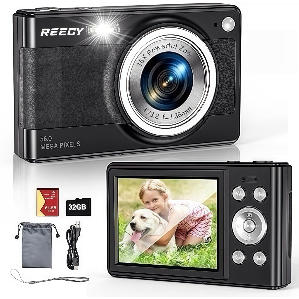 Câmera Digital HD 1080P | CCD de foco automático de 2.88 polegadas, recarregável, bateria substituível | Zoom 16X + 56MP