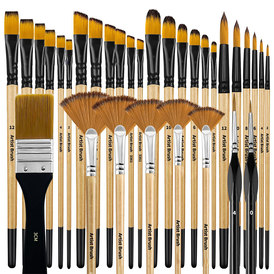Kit 32 Peças Pincéis De Pintura Para Acrílica, Cerdas De Nylon Premium Com Redondo, Filbert, Plano, Ventilador