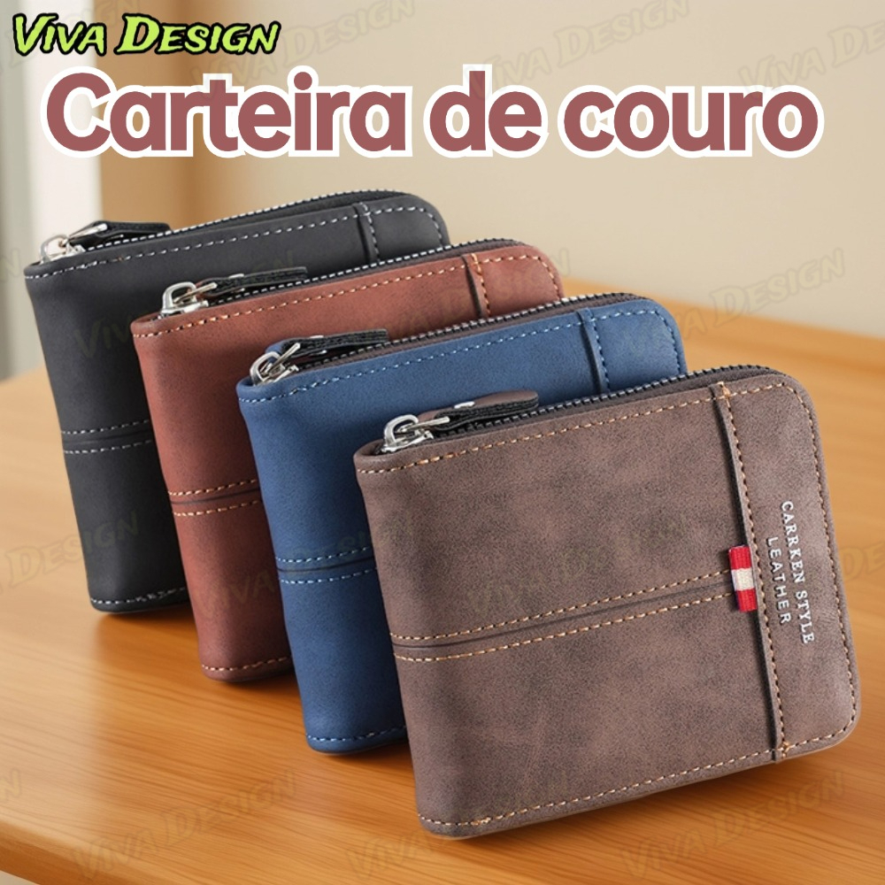 Homens Novo Estilo Carteira de Couro com Zíper Carteira Curta Multifuncional Porta-Carteiras Multifuncionais Porta-Cartõ