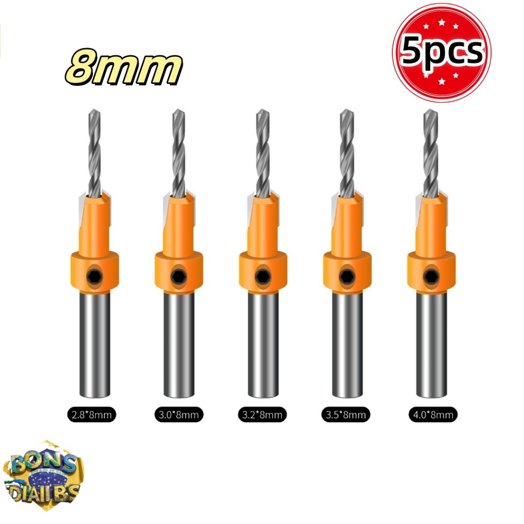 Kit Com 5 Peças Broca Escareadora Rebaixo De Parafuso Em Madeira Com Limitador 3mm X 8mm