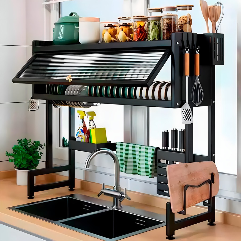 Escorredor De Pratos Suspenso De 65 Cm-Organizador Modular Com Porta , Prateleira Dupla À Prova De Ferrugem E Sem Perfur