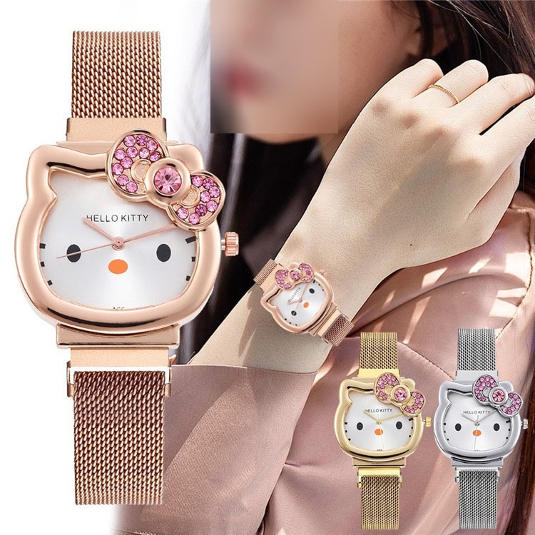 Hellokitty Pulseira Magnética Relógio De Diamante Sanrio Dos Desenhos Animados Pulso Feminino Simples Kawaii Anime Prese