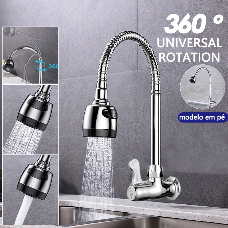Torneira Gourmet Inox cozinha parede Chuveirinho para 360°pia de cozinha flexível Com 2 modos de pulverização de água