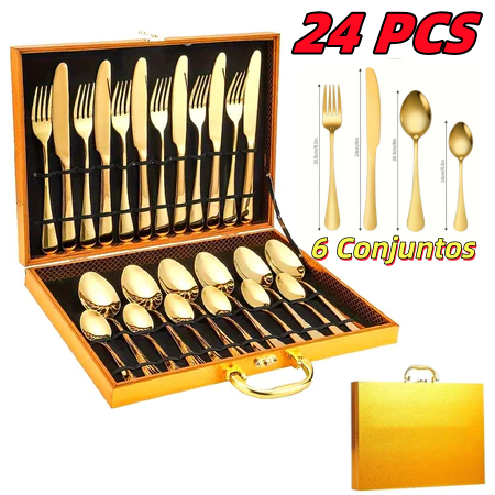Jogo Talheres 24 Peças Faqueiro Dourado Aço Inox Premium Luxo cozinha Com Maleta