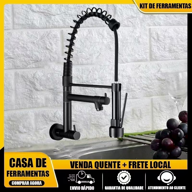 Torneira Cozinha Gourmet Monocomando Parede Extensivel Cromado preto