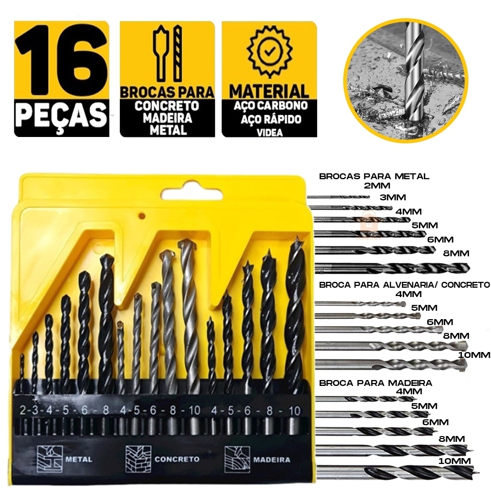 Jogo De Brocas 16 Peças C/Estojo Madeira Ferro Concreto Metal Videa Aço Para Furadeira Parafusadeira