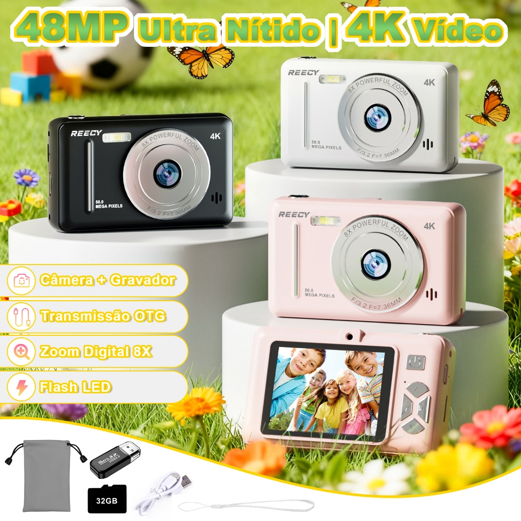REECY Câmera Digital 4K Portátil Retro De Nível De Entrada Dupla Flash ,48 Milhões De Pixels Foco Automático Rosa