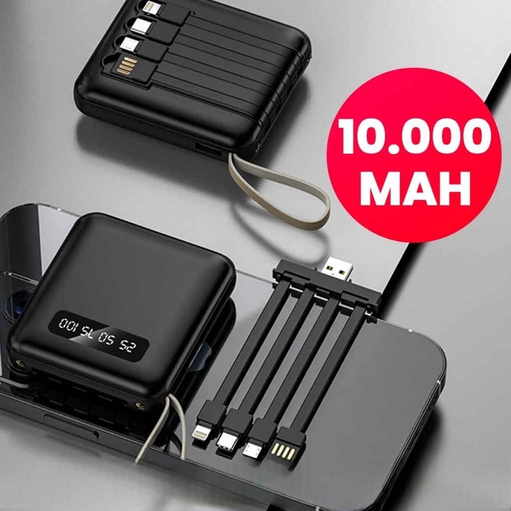 Carregador Portátil 10000mAh Com 4 Cabos De Carregamento Rápido LED Banco De Potência Digital
