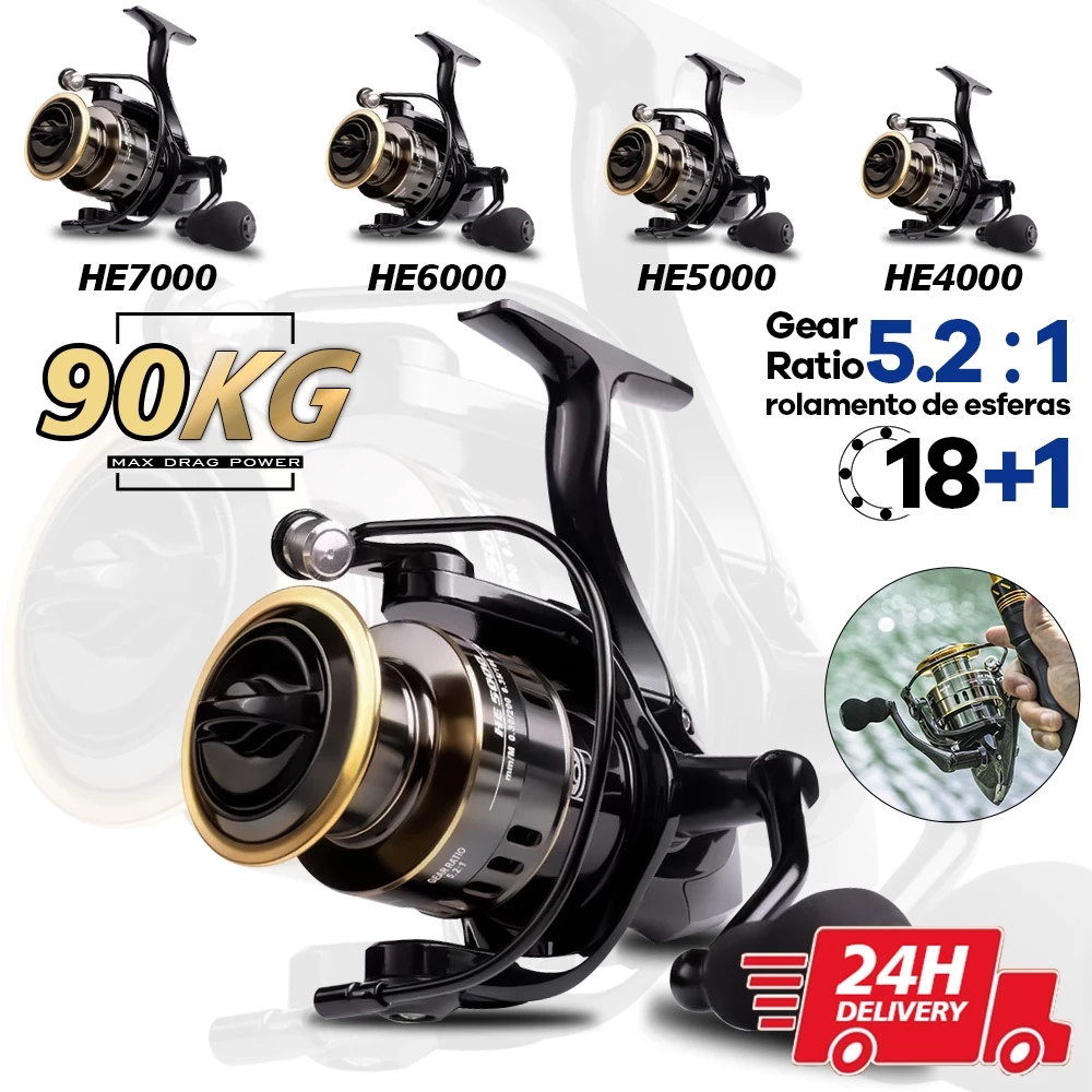 90kg Max Molinete De Pesca De Metal EVA HD1000-7000 Max Arraste 10kg Cana Em Água Salgada