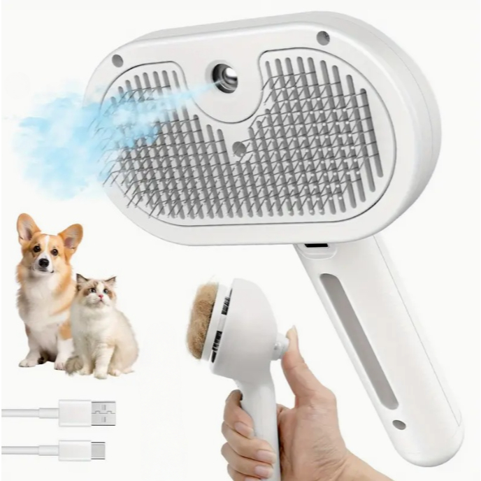 Escova a Vapor 3 Em 1 Spray Hair Combing Usb para Pets Caes Gatos e Coelhos