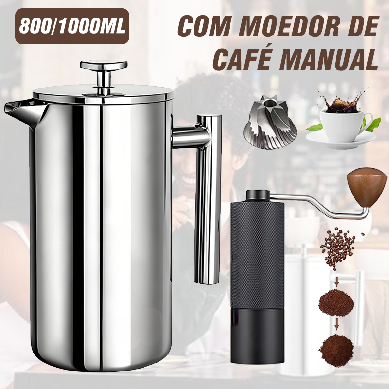 cafeteira prensa francesa inox 800/1000ml com filtração de níveis com Moedor de café manual