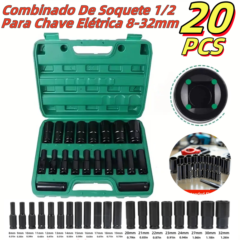 20/10PCS Jogo de soquetes de impacto longo Black Deep Box Tool Set 8mm - 32mm