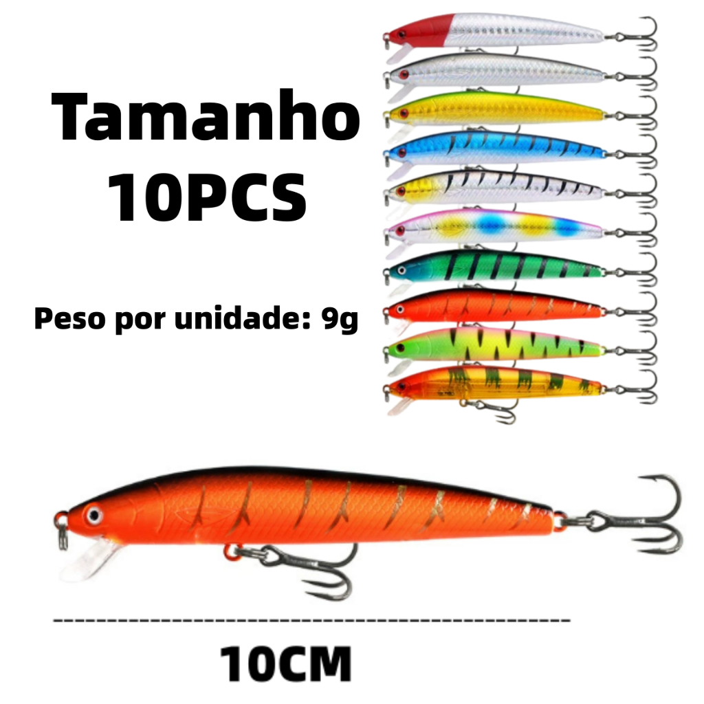 Kit 10 Iscas Artificiais Importadas 1/2 Meia Água de10 cms e 8,5 gramas Pesca Tucunaré Traíra Dourado Robalo Black Bass