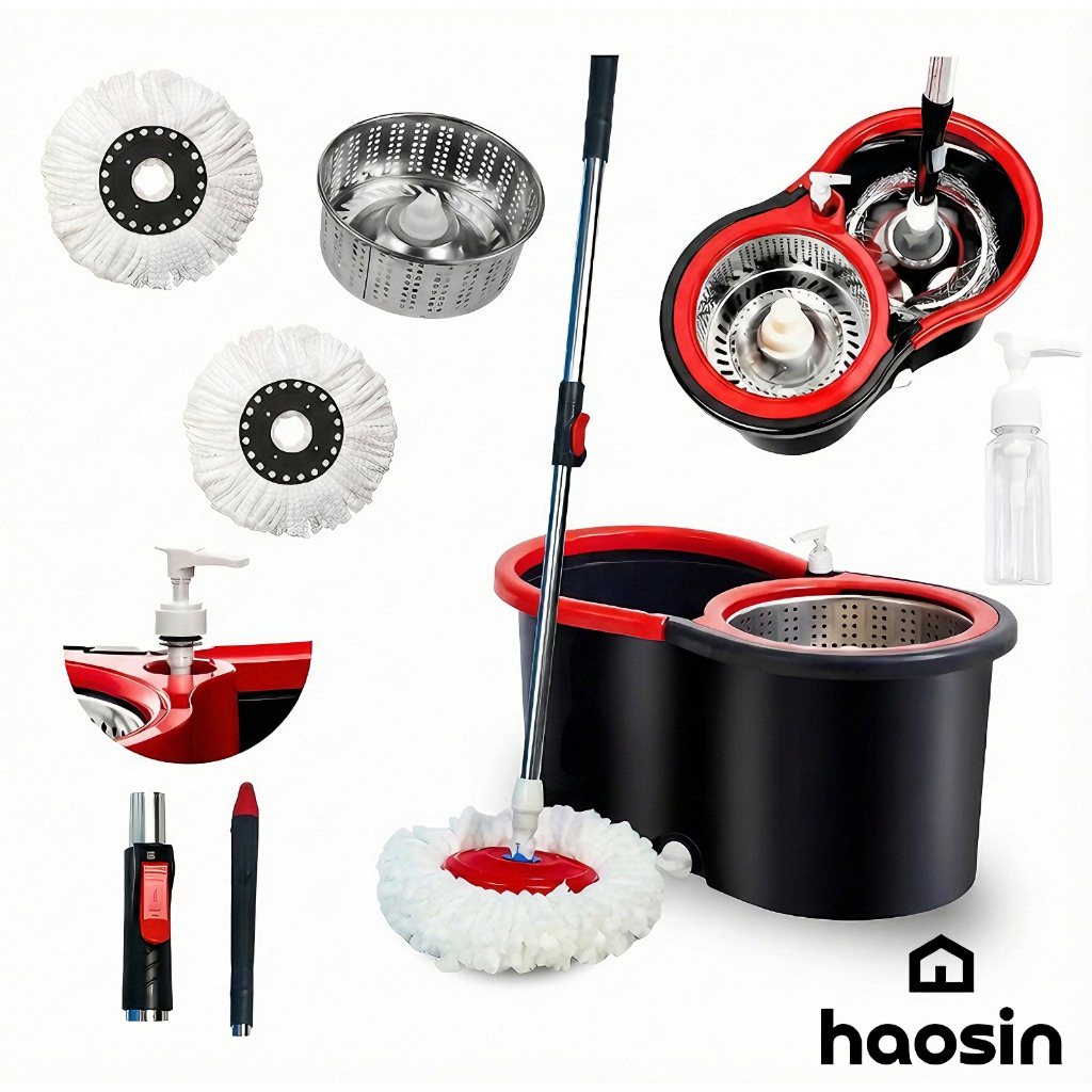 Mop C/ cabo de 140 cm 2 refis rodinhas e cesto em inox balde centrífugo Haosin