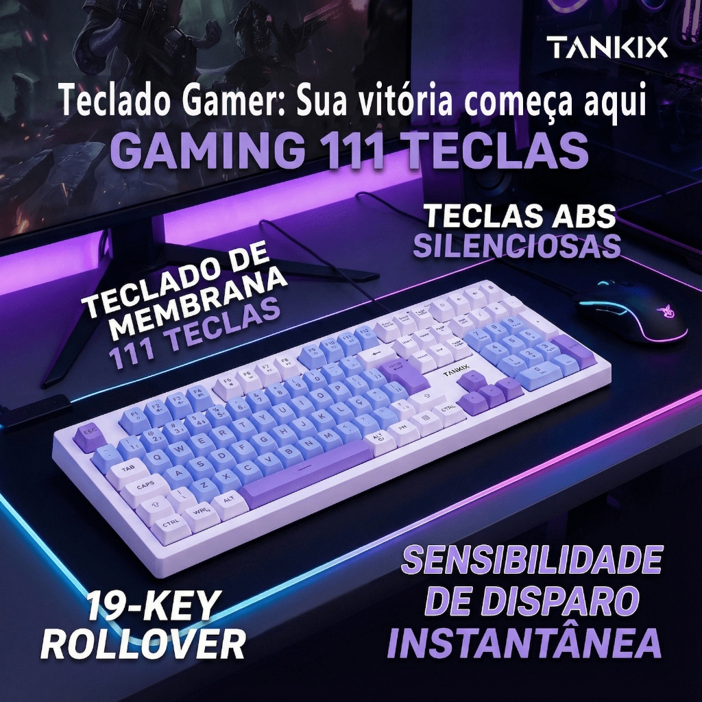 Teclado Gamer Com Fio, RGB Arco-Íris e Design Ergonômico - 111 Teclas, Layout Português