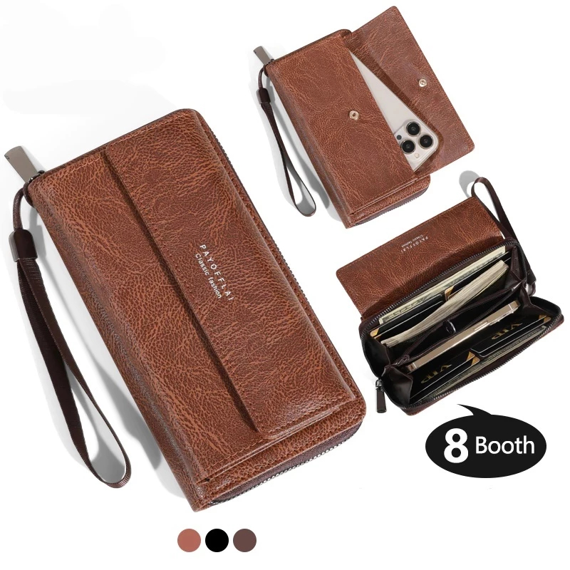 Frete Grátis! Carteira Longa Com Zíper De Camada Dupla - Bolsa Para Celular Masculina PU De Grande Capacidade
