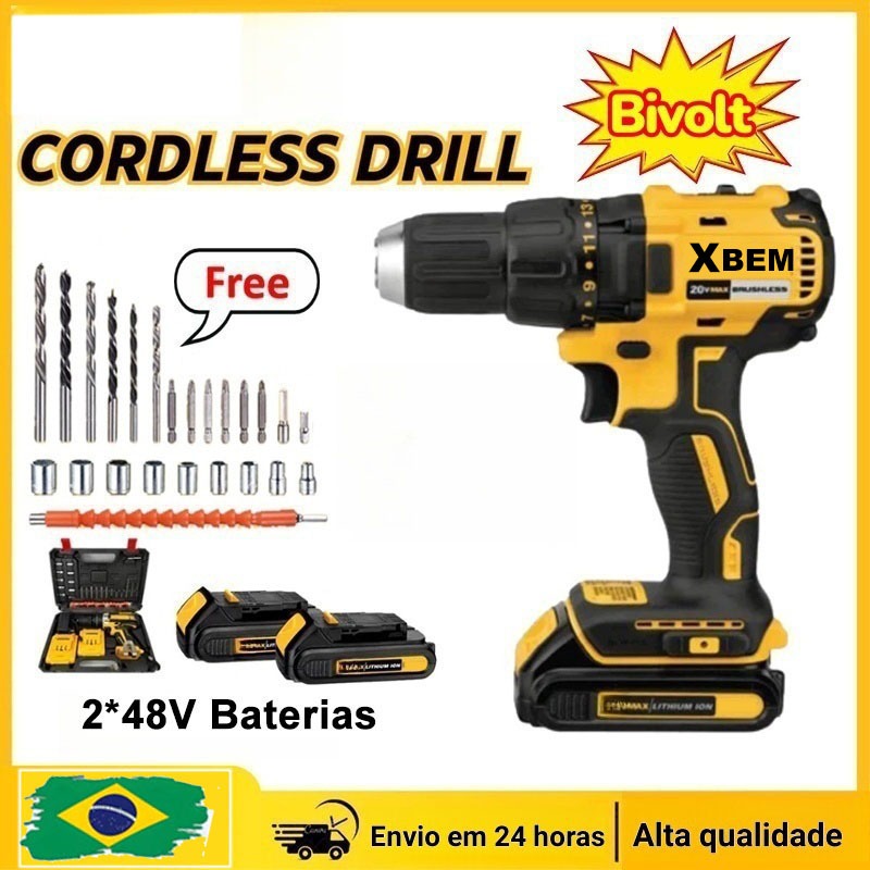 Parafusadeira Furadeira 48V 2 Baterias Com Maleta e Acessórios Completo